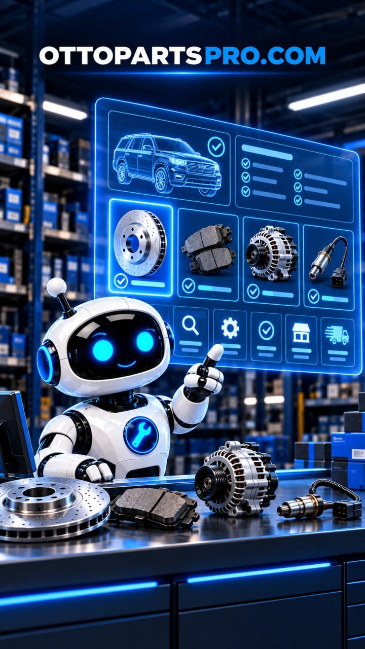 Otto the robot at a parts counter pointing at a vehicle, brake rotor, pads, alternator and sensor